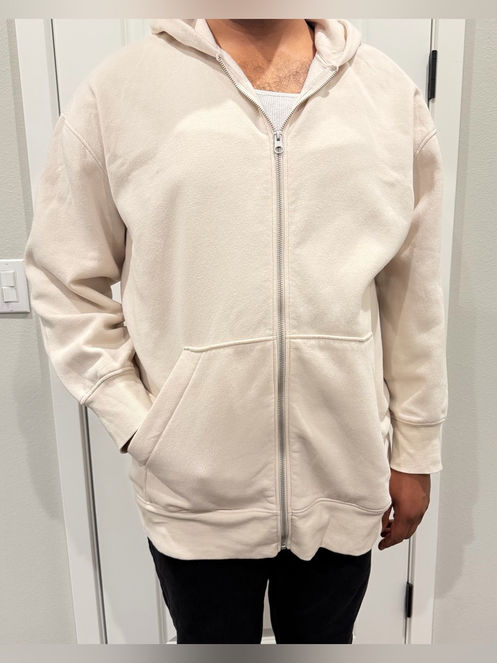 Men’s Beige Zip-Up Hoodie Jacket Neutral Minimal Casual Size L